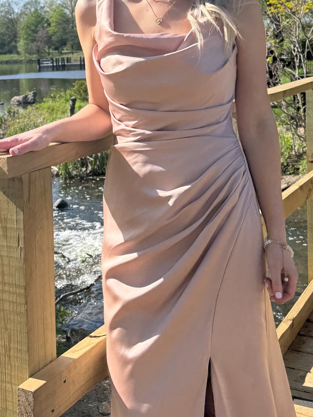 David's Bridal Galina Signature Cowl Neck Dress in sand
